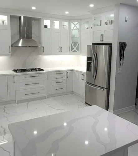 A luxurious gray and white theme kitchen renovation project completed by Titan Cabinetry