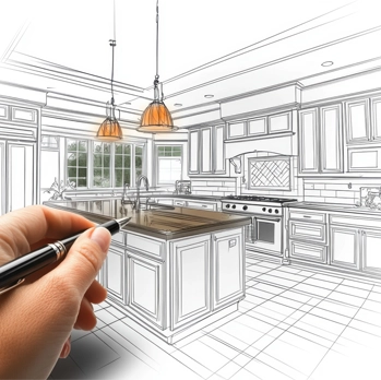 A drawing on a kitchen with a hand in the bottom left holding a pen